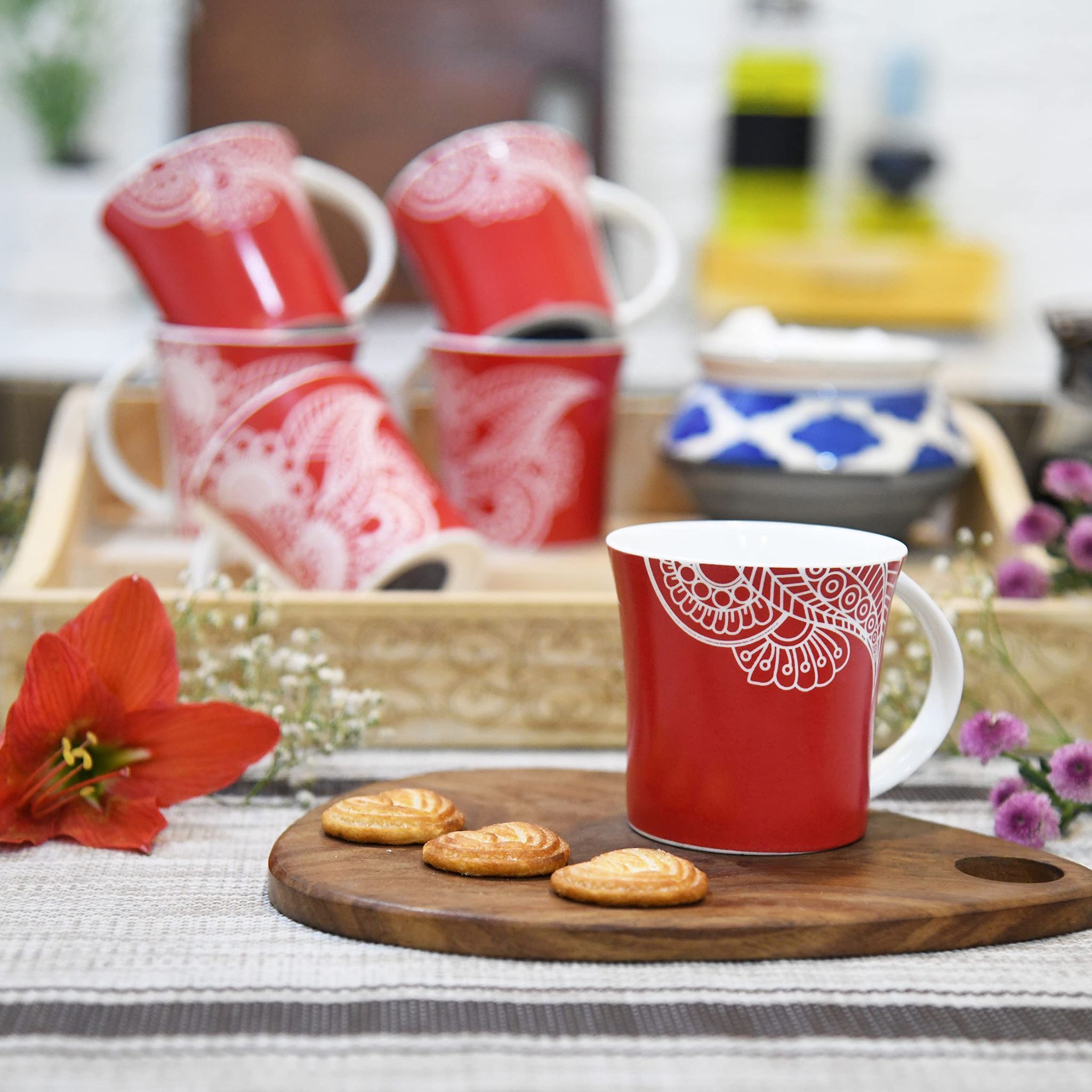 Femora Rich Paisley Pattern Tea Cups, Ceramic Tea Cups, Coffee Mugs (160 ml) - 6 Pcs Set (Red)