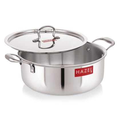 HAZEL Triply Stainless Steel Biryani Cookpot Shallow Casserole Tope with Handle & Steel Lid , Induction Bottom Stock Pot , 4 Litre, 26.3 cm HAZEL Triply Stainless Steel Biryani Cookpot Shallow Casserole Tope with Handle & Steel Lid , Induction Bottom Stock Pot , 4 Litre, 26.3 cm