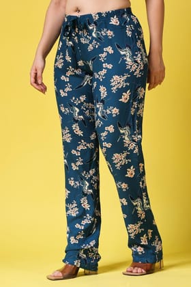 Teal Blue Floral Printed Pants-L / Blue