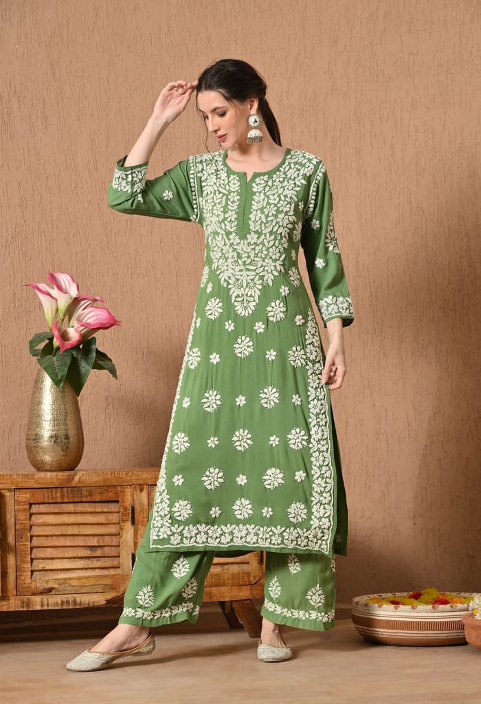 Premium Rayon Chikankari Plazo Set with Hand Embroidery & 3D Work - Green
