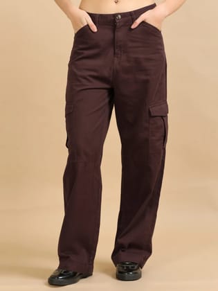 Women Cotton Relaxed Fit Cargo Trousers, Brown-26