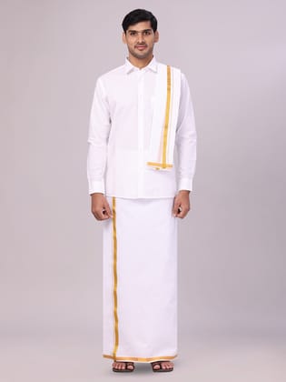 Mens Pure Cotton White Wedding Shirt Gold Jari Dhoti Towel Belt Combo - Subharaagam-36 / F/S / White