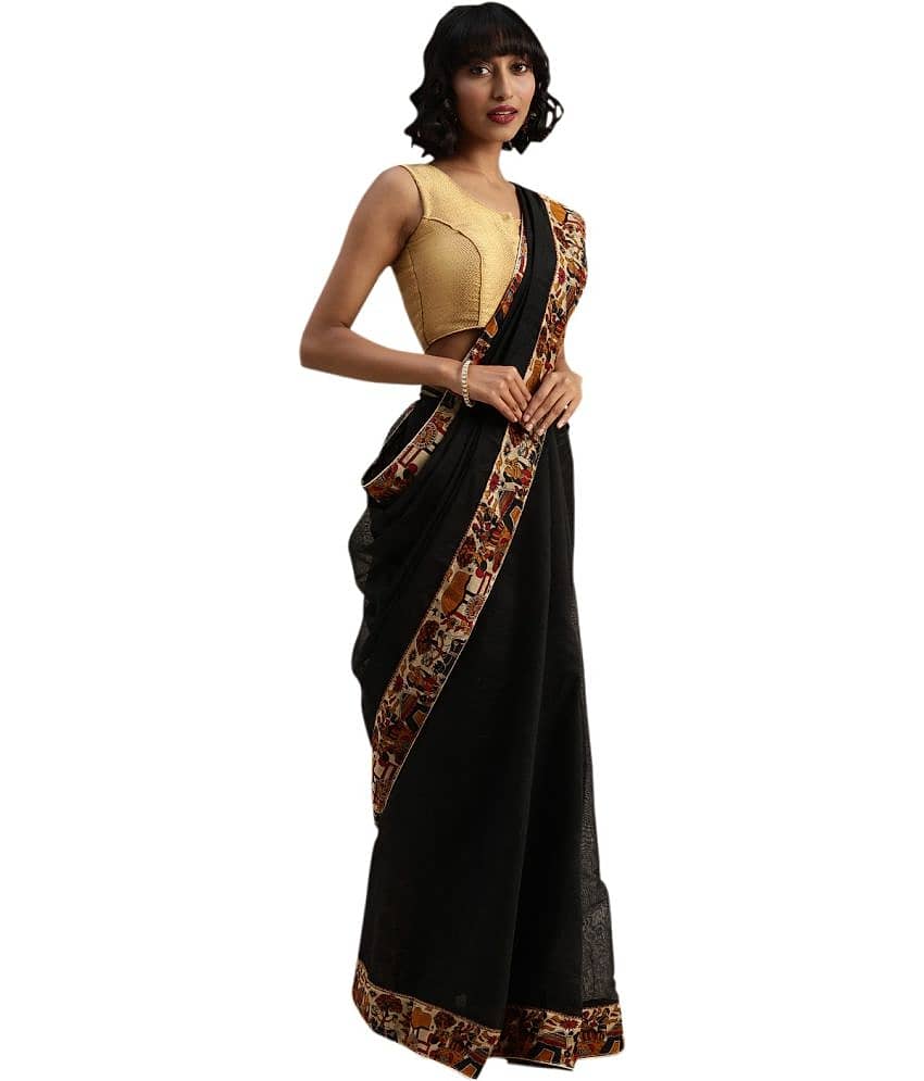 Saadhvi Cotton Silk Printed Saree Without Blouse Piece ( Black )
