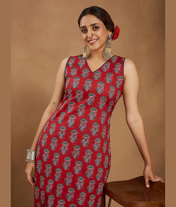 Janasya Women Cotton Printed Straight Kurti With Pants ( Maroon )