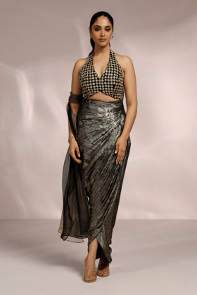 GOLDEN METALLIC DRAPE SKIRT WITH HALTER BLOUSE-XS
