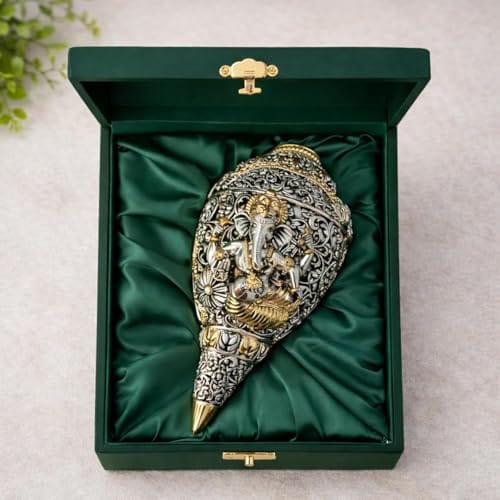 Dev Aastha 999 Pure Silver Plated & 24K Gold Plated Ganesh Shankh | Sacred 3.5 Inch Dual-Tone Conch Shell | Vastu
