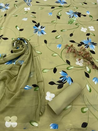 Floral Printed Cotton Suit With Chiffon Dupatta