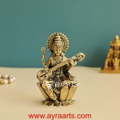 Premium Brass Saraswati Idol Sitting on Lotus - 4 Inch Height
