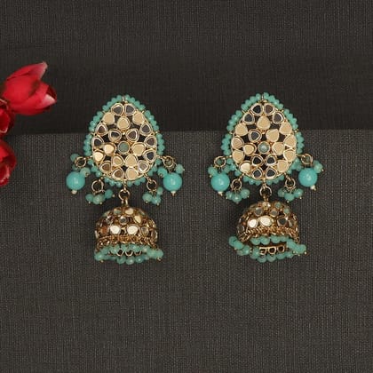 Gold Plated Mirror Kundan Firozi Jhumka Earrings