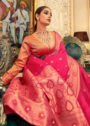 Rani Pink Woven Banarasi Organza Silk Saree With Brocade Blouse