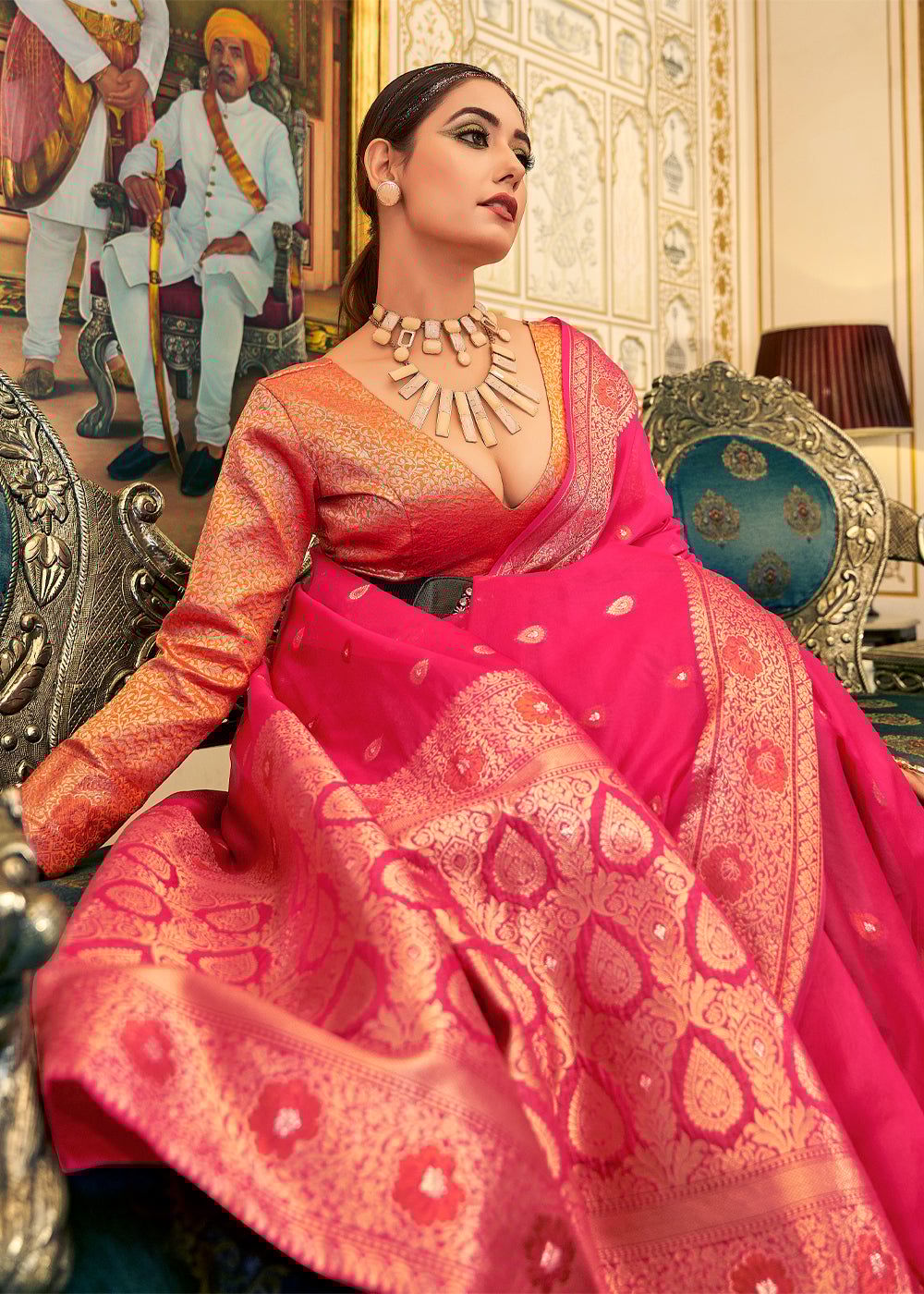 Rani Pink Woven Banarasi Organza Silk Saree With Brocade Blouse