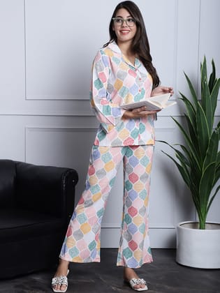 Multi Color Abstract Printed Viscose Rayon Night suit For Women-s / multi-color
