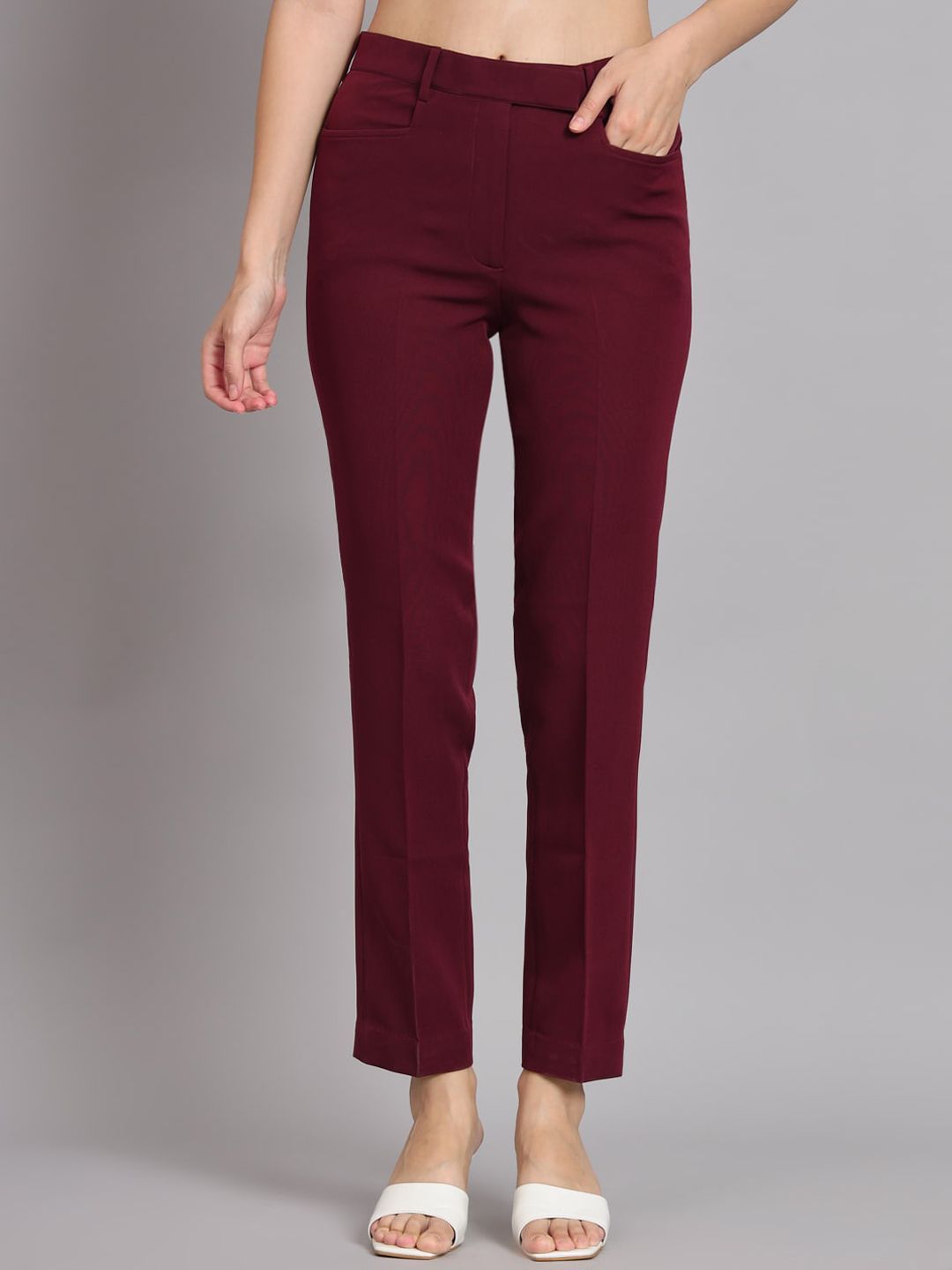 Regular Fit Mid Waist Trouser - Maroon-S