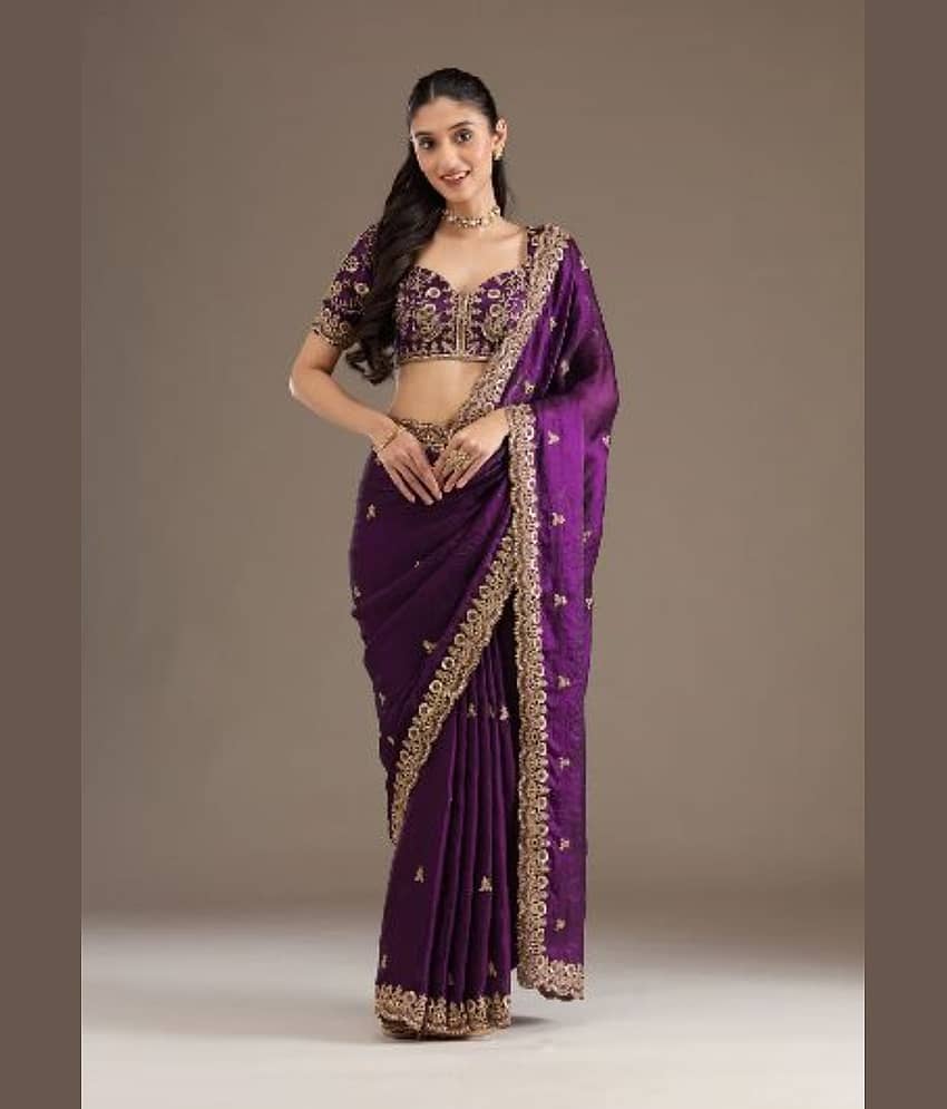 Rangtulika Ethnics Cotton Blend Embroidered Banarasi saree With Unstitched Blouse Piece ( Purple )