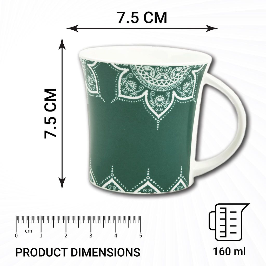 Femora Turquoise Green Cosmic Mehendi Tea Cups, Ceramic Tea Cups, Coffee Mugs (160 ml) - 6 Pcs Set (Green)