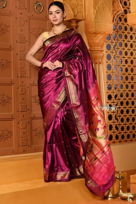 Shubh ~ Signature Weave! Handloom Pure Silk Paithani Saree with Revival Asawali Pallu~Wine