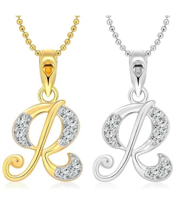 Vighnaharta "R" Letter Selfie CZ Gold and Rhodium Plated Alloy Pendant with chain for Girls and Women.