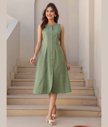 Janasya Cotton Solid Midi Women's A-line Dress - Green ( Pack of 1 )