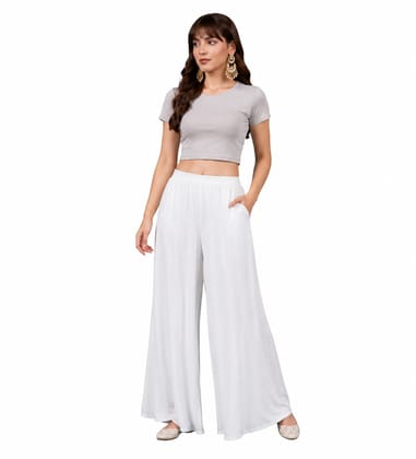 Generic Women's Georgette Solid Mid-Rise Wide Leg Flared Palazzo Pants with Elastic Waist, Ankle Length Trousers for Daily, Office and Casual Wear (White, XL, Pack of 1, Design 67557)