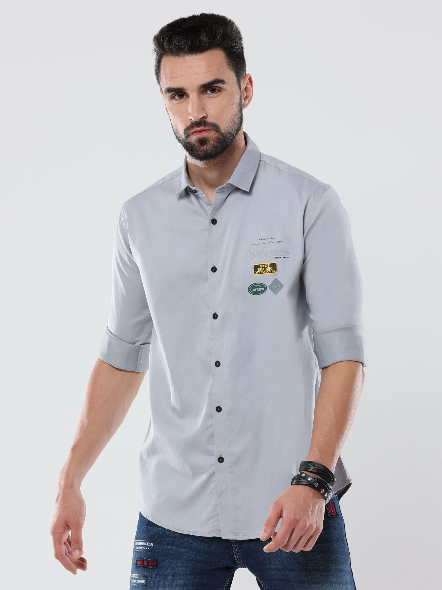 Men's Dark Grey Solid Dobby Slim Fit Stretchable Shirt | Rick Rogue-L/40
