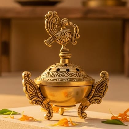 Sukh Sehaj Mayur Dhoopdani | Peacock Loban Burner | Incense Burner | Dhoop Batti Stand, Handcrafted, Antique Yellow Finish, 3.9 Inch Length, for Home Temple, Decor, Pooja Ritual and Gifting