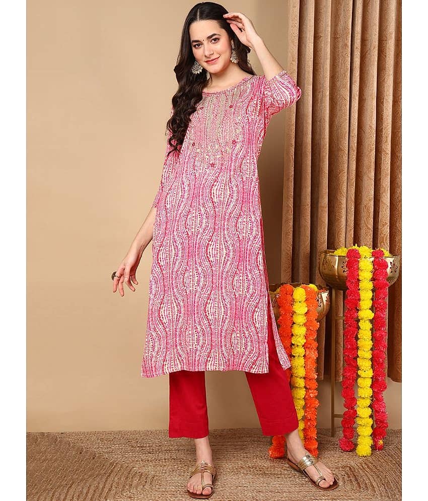Vaamsi Cotton Blend Printed Straight Women's Kurti - Pink ( Pack of 1 )