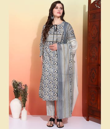Yash Gallery Women Cotton Printed Straight Kurti With Pants ( Grey )