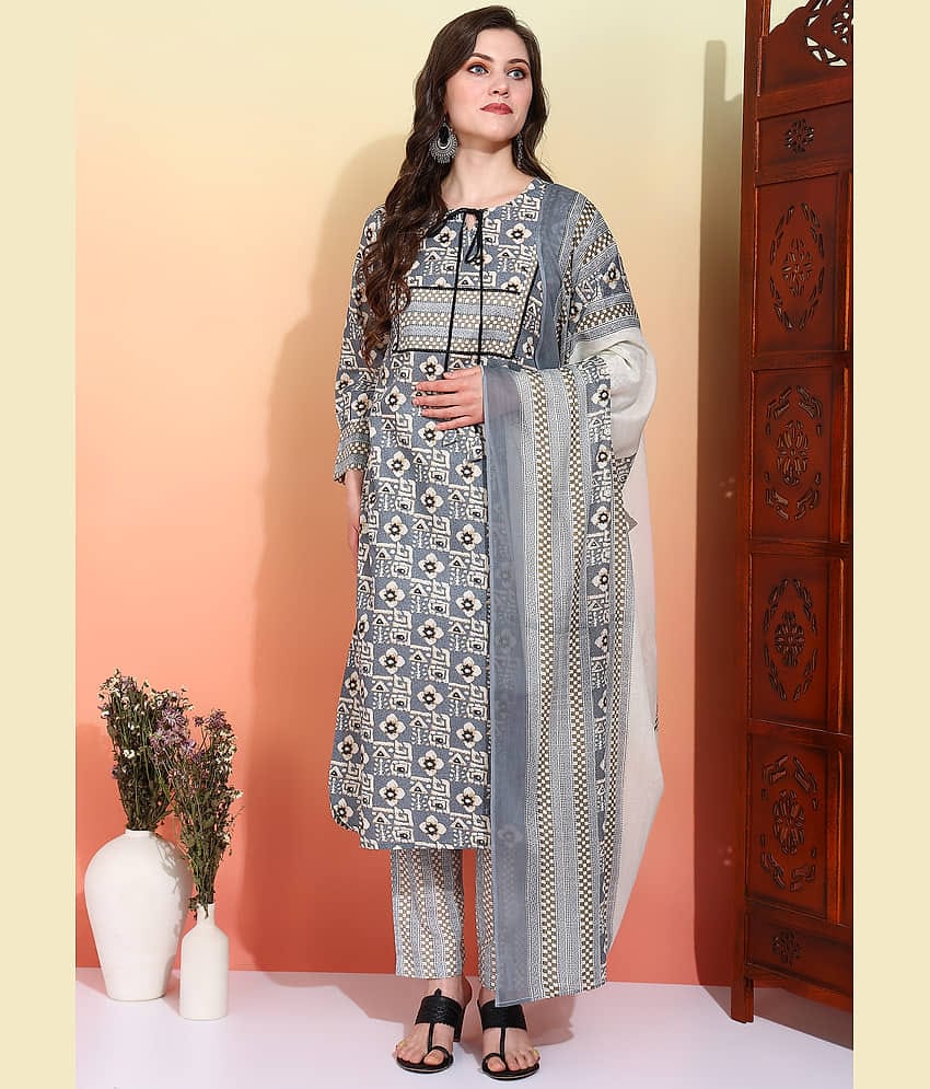 Yash Gallery Women Cotton Printed Straight Kurti With Pants ( Grey )