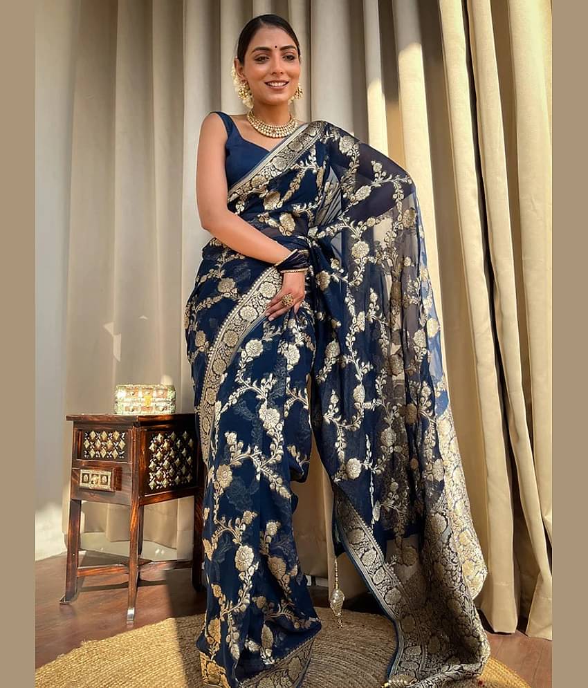 Balaji's Banarasi Silk Embellished Saree With Unstitched Blouse Piece ( Blue )