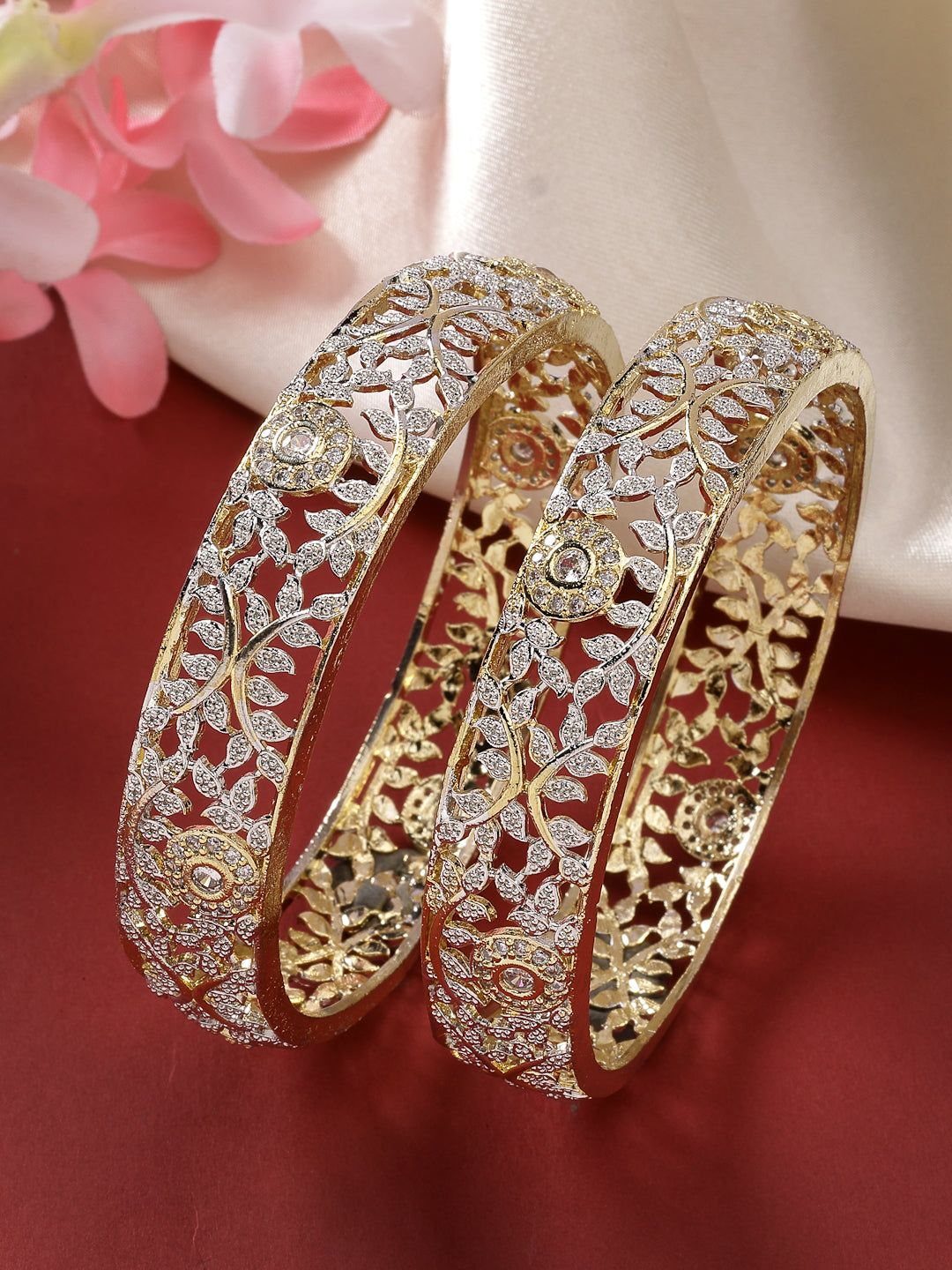 NVR Women Set of 2 Gold-Plated American Diamond Emblished Handcrafted Bangles-Gold / Brass / Female
