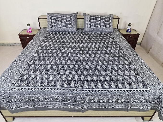 Bedsheet Printed Cotton Set with Pillow Covers, 210 cm x 226 cm,Semi Double, Black and White Color, Best for Single Bed deewan