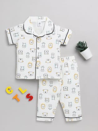 Animal Print Off-white Cotton Half Sleeve Nightwear Set-6-9 m