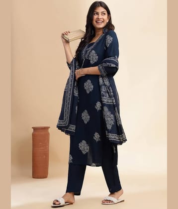 Vbuyz Women Cotton Printed Straight Kurti With Pants ( Blue )