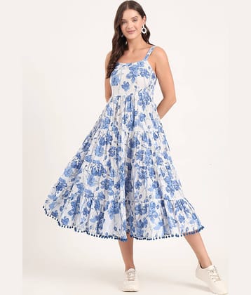 Divena Women Cotton Printed Fit & Flare Dress ( Blue )