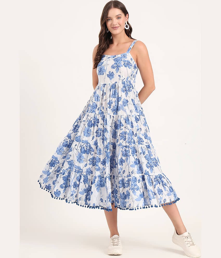 Divena Women Cotton Printed Fit & Flare Dress ( Blue )
