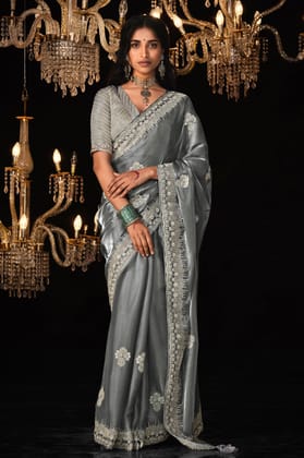 Grey Embroidered Organza Silk Saree
