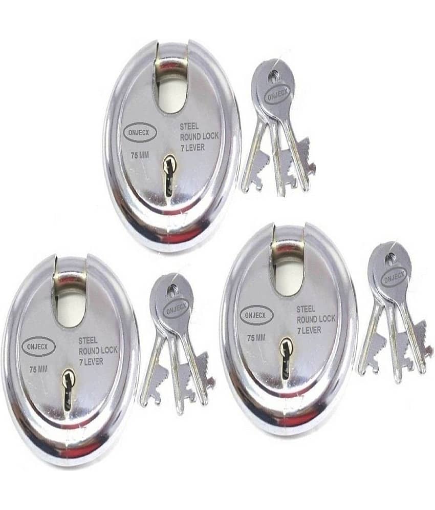 OJASS Steel Primium Range Lock 7 Levers 75 mm Heavy Duty Padlock , Sutter Lock, Round Lock Long Life Durable with 3 Keys for Main Gate, Office Door, Shop Shutter Pack of 3 pcs (RPLL753)