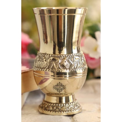 Indian Art Villa Pure Brass Glass / Tumbler With Embossed Mughlai Goblet Design, Serveware & Drinkware, Ayurveda Healing, Volume-250 ML-1