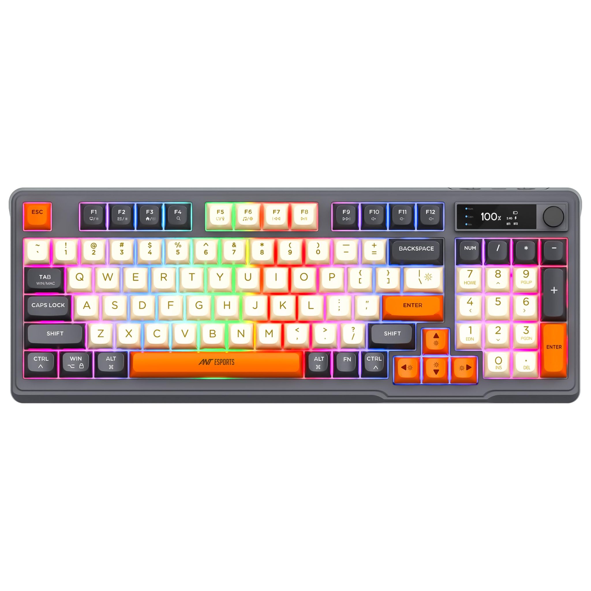 Ant Esports MK801 V2 Pro Wireless Mecha Membrane Backlit Gaming Keyboard 94 Keys 2.4G/Bluetooth Mode Compact Numeric Pad RGB Keyboard for Home Internet Cafe Game Room Office_ Grey, Beige, Orange Ant Esports MK801 V2 Pro Wireless Mecha Membrane Backlit Ga