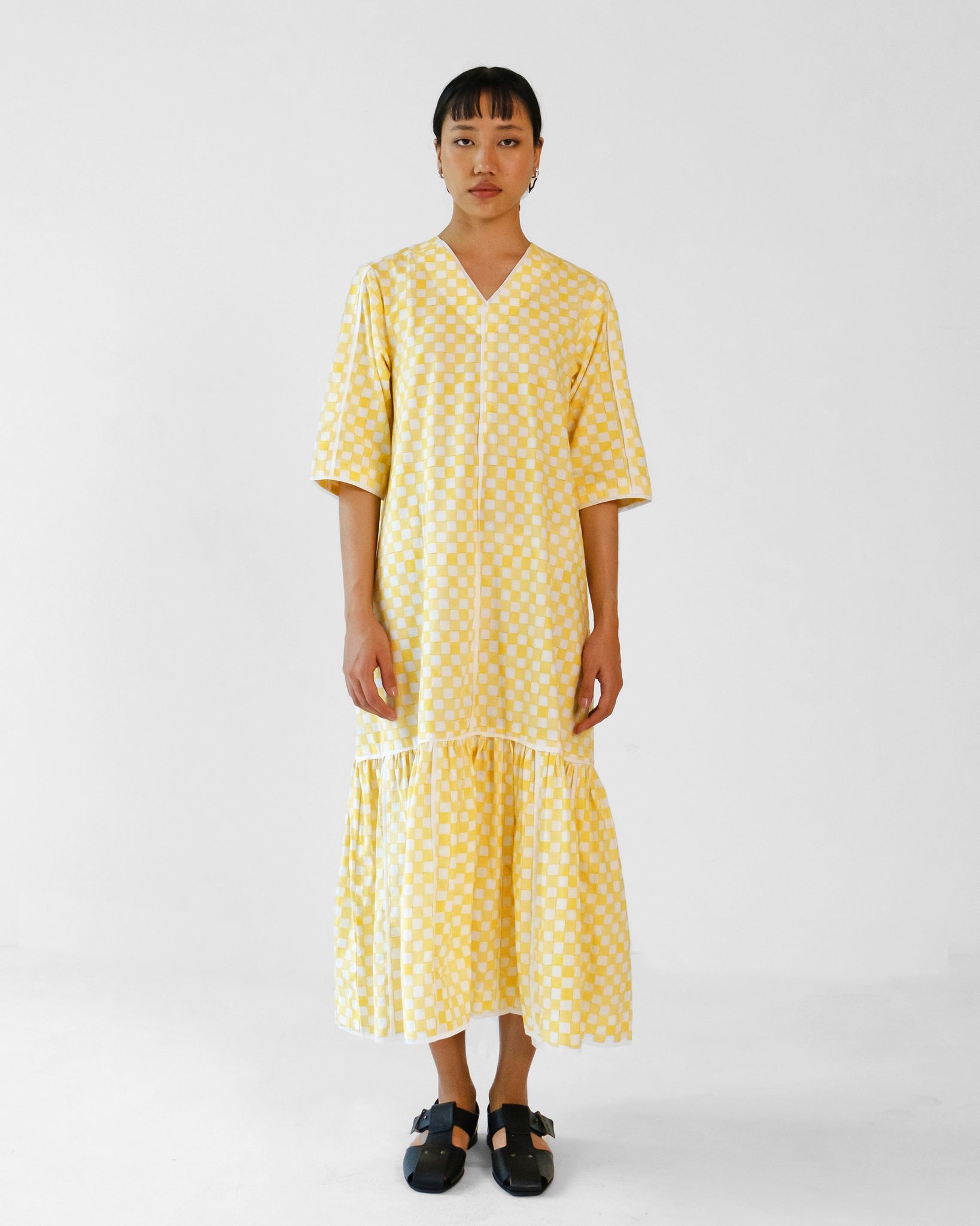 Yellow Checks Applique Cotton Dress-XS