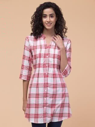 Hive91 Womens Plaid Rayon Tunic: White/Red Elegance, 3/4 Sleeves