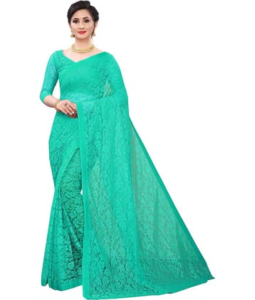 Saadhvi Net Embroidered Saree With Unstitched Blouse Piece ( Turquoise )