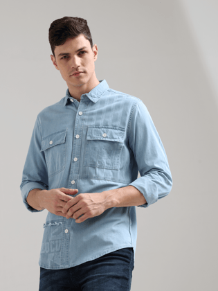 Misty Blue Casual Denim Shirt-S / sky blue