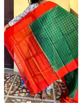 GADWAL SILK ORANGE WITH GREEN CHECKS DUPATTA-GSD43