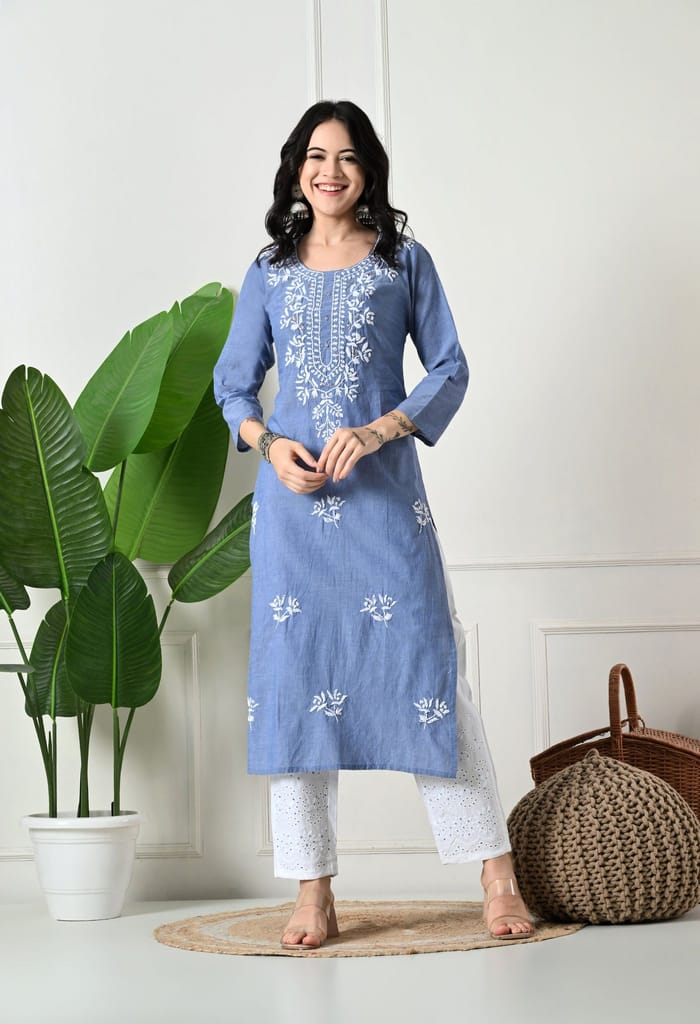 "Hand Embroidered Chikankari & Cut Dana Work Denim Cotton Kurta Set with Tie-Dye Dupatta "