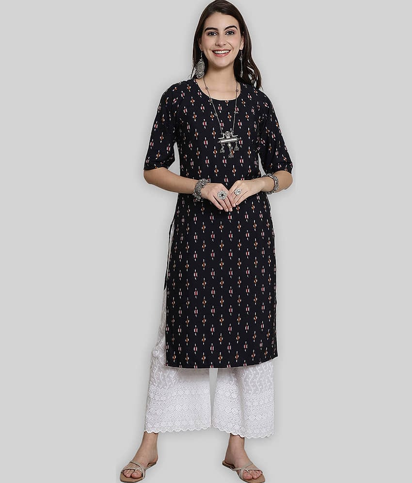7Threads Crepe Printed Straight Women's Kurti - Black ( Pack of 1 )
