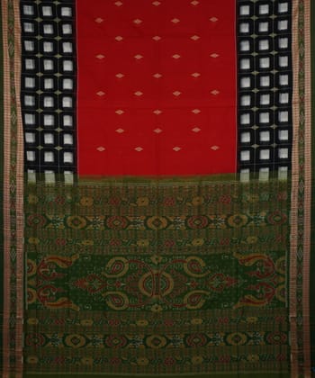 Dark red and green cotton handwoven sambalpuri saree Dark red and green cotton handwoven sambalpuri saree