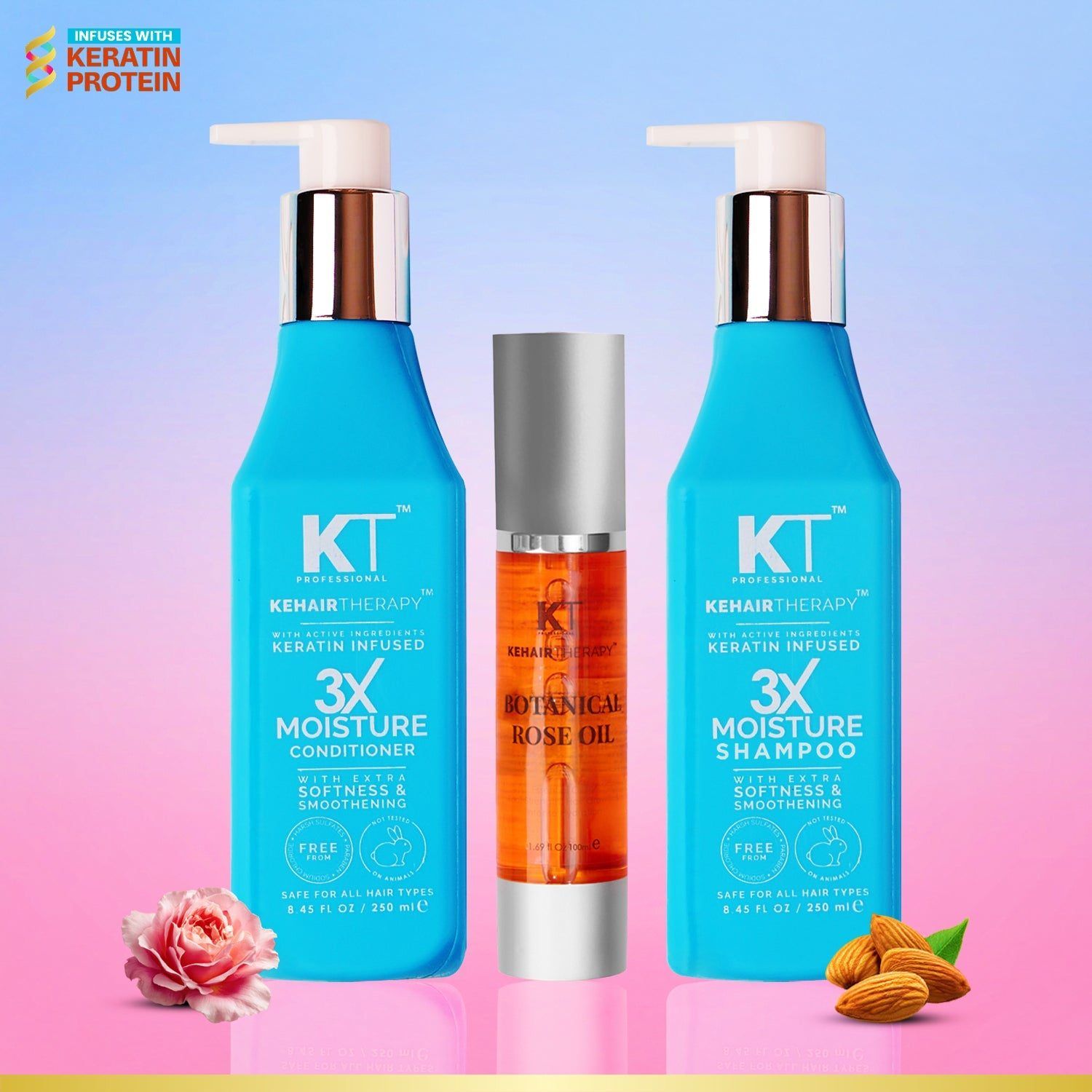 KT Professional 3X Moisture Shampoo & Conditioner + Botanical Rose Oil - 750ml