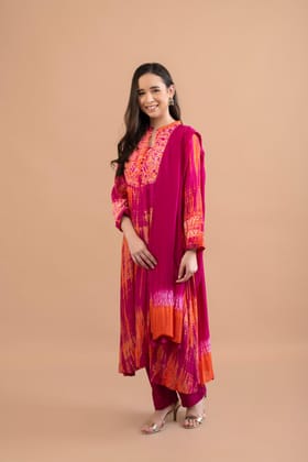ORANGE PINK SHIBORI YOKE AND TIE DYE KURTA SET OF 3-XL