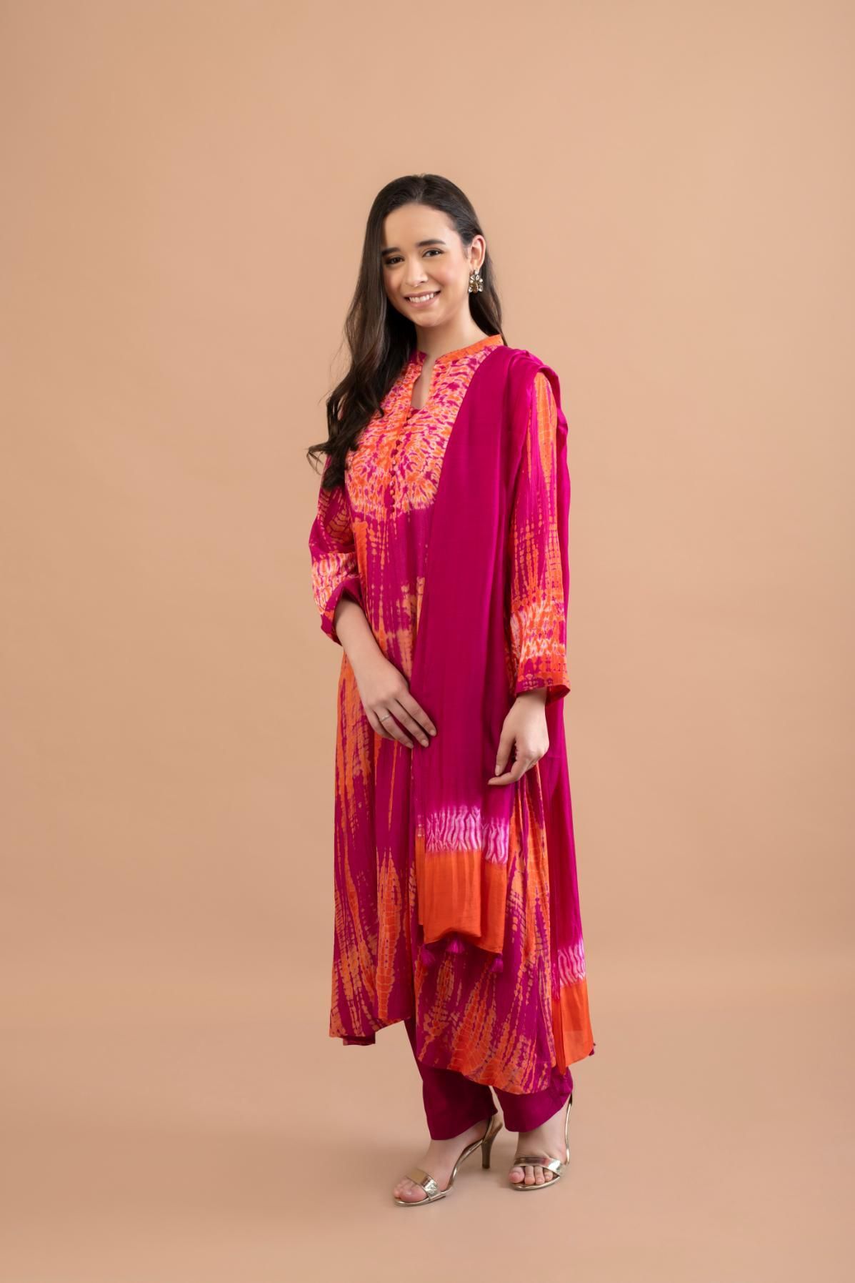 ORANGE PINK SHIBORI YOKE AND TIE DYE KURTA SET OF 3-XL